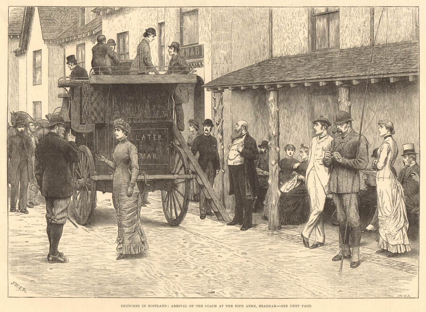 Sketches in Scotland: arrival of the coach at the Fife Arms, Braemar. Pubs 1880